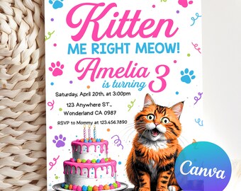 Bewerkbare verjaardagsuitnodiging kat, Are You Kitten Me verjaardag, verjaardagsuitnodiging kat thema, Let's Pawty verjaardagsuitnodiging, Canva-sjabloon