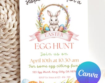 Easter Egg Hunt Invitation, Egg Hunt Invitation, Easter Party Invite, Easter Bunny Invitation, Easter Invitation, Editable Canva Template