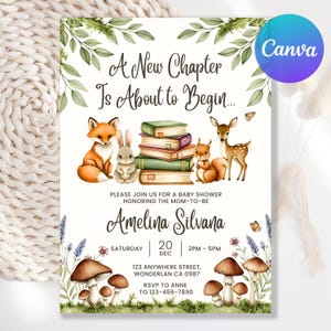 May include: Baby shower invitation featuring watercolour illustrations of woodland creatures, books, and mushrooms. The text reads "A New Chapter Is About to Begin..." with event details and RSVP information. The Canva logo is in the upper right.