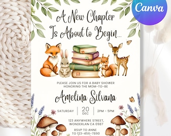 Editable A New Chapter Begins Baby Shower Invitation, Woodland  Baby Shower Invite, Gender Neutral, Woodland Theme Invites, Canva Template