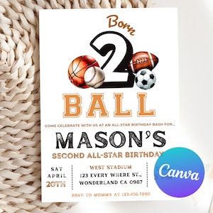 Bearbeitbare Sport-Geburtstagseinladung, geboren 2 Ball, Einladung Vorlage, geboren zwei Ball, All-Star-Geburtstagsfeier, druckbare Canva Vorlage