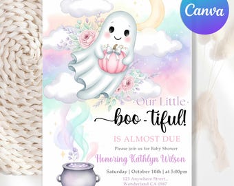 May include: A baby shower invitation featuring a cute ghost holding a pink pumpkin, set against a pastel watercolor background with clouds and a crescent moon. The text reads "Our Little boo-tiful!" and includes event details.