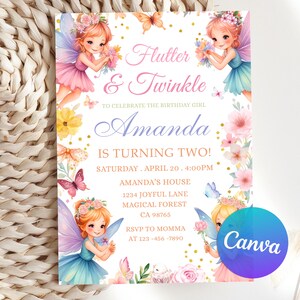 Editable Fairy Birthday Invitation, Magical Fairy Princess Party, Enchanted Garden Fairy Girl 1st Birthday Invite, Canva Invitation Template