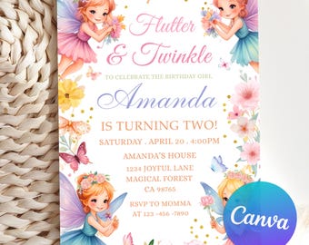Editable Fairy Birthday Invitation, Magical Fairy Princess Party, Enchanted Garden Fairy Girl 1st Birthday Invite, Canva Invitation Template
