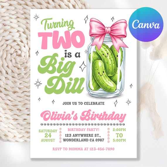 Pickle Birthday Invitation, Turning Two is a Big Dill Party, Pickle Girl Invitation, Big Dill Pickle Kids Birthday Invite, Editable Canva