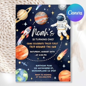 May include: A navy blue space-themed birthday invitation with planets, stars, a rocket, and an astronaut. The text reads "Noah's is turning one!" and includes party details. The Canva logo is in the upper right corner.