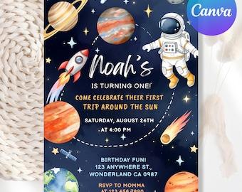 Invito di compleanno nello spazio, invito per festa di compleanno nello spazio modificabile, invito per festa di ragazzo e ragazza con razzo spaziale e astronauta, modello Canva