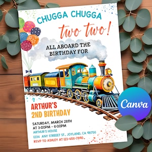 Könnte beinhalten: Eine farbenfrohe Einladung zu einer 2. Geburtstagsfeier mit Zug-Thema. Die Einladung zeigt eine Aquarell-Illustration eines Zuges mit bunten Luftballons und dem Text "Chugga Chugga two two!"  "All aboard the birthday for Arthur's 2nd Birthday". Die Einladung enthält Datum, Uhrzeit, Ort und RSVP-Informationen.