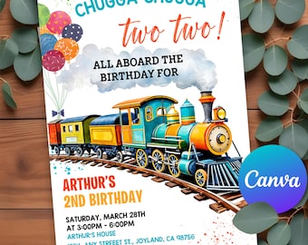 May include: A colourful invitation for a 2nd birthday party with a train theme. The invitation features a watercolour illustration of a train with colourful balloons and the text "Chugga Chugga two two!"  "All aboard the birthday for Arthur's 2nd Birthday". The invitation includes the date, time, location, and RSVP information.