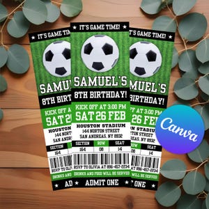 Faire-part d'anniversaire billet de football, modèle de billet de football modifiable, faire-part de football, invitation d'anniversaire d'enfants fête de football, modèle de toile