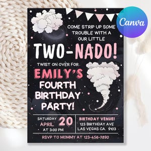 Editable FOURNADO Birthday Invitation, Tornado Birthday Party, Twister Party Invitation, Storm Theme Birthday, 4th Birthday, Canva Template