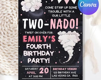 Editable FOURNADO Birthday Invitation, Tornado Birthday Party, Twister Party Invitation, Storm Theme Birthday, 4th Birthday, Canva Template