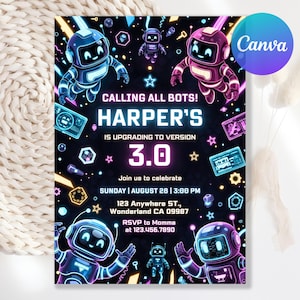 Puede incluir: Una invitación digital con fondo negro con ilustraciones de robots de neón y el texto "CALLING ALL BOTS! HARPER'S IS UPGRADING TO VERSION 3.0". La invitación incluye detalles del evento e información de RSVP.
