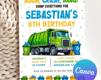 Editable Garbage Truck Birthday Invitation, Dump Everything Trash Truck Birthday, Dump Truck Party Invitation, Printable Canva Template