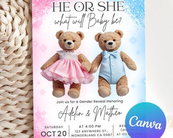 Editable Teddy Bears Gender Reveal Invitation, Baby Boy Or Girl, Teddy Bear Gender Reveal Party, Pink Light Blue He or She, Canva Template