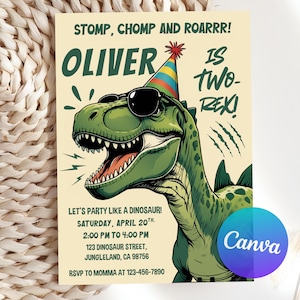 May include: A birthday party invitation featuring a green dinosaur wearing sunglasses and a party hat. The invitation includes the text "STOMP, CHOMP AND ROARRR! OLIVER IS TWO-REX!" and party details. The design is on a cream background.