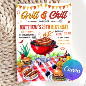 May include: A colorful invitation for a birthday party with the text "Grill & Chill" and "Matthew's 25th Birthday." The design features a red grill with hot dogs, burgers, and corn on the cob, set on a red and white checkered picnic blanket.