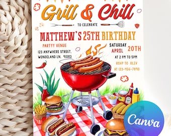 Editable BBQ Birthday Invitation, BBQ Invitation, Chill and Grill Invitation, Bbq Birthday Party, Summer BBQ Invite, Canva Invitation