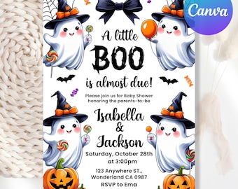 May include: A Halloween-themed baby shower invitation with cartoon ghosts in witch hats and lollipops. The text says "A little BOO is almost due!" with event details for Isabella & Jackson.