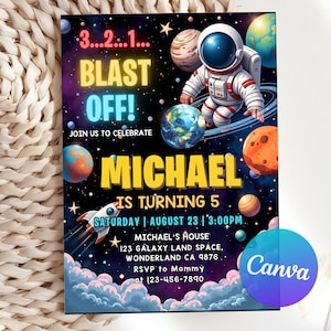 May include: A colorful space-themed birthday invitation for a boy named Michael turning 5. The invitation features an astronaut floating in space with planets and stars in the background. The text "3...2...1... BLAST OFF!" is in neon colors. The invitation includes the date, time, and location of the party.