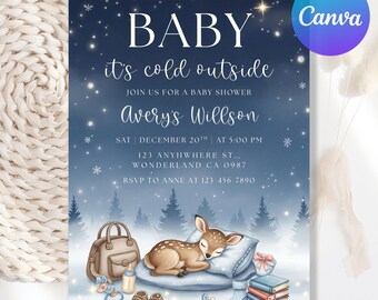 Puede incluir: Invitación a un baby shower con temática invernal. La invitación presenta un cervatillo durmiendo, un bolso para pañales, zapatos de bebé y un chupete. El texto dice "Baby, it's cold outside" e incluye el nombre del bebé, la fecha, la hora y el lugar.
