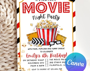 May include: A red and white striped movie night party invitation with a cartoon illustration of a bucket of popcorn, 3D glasses, and movie tickets. The text reads "It's time for a Movie Night Party" and "Emily's 6th Birthday!" with details about the party on Saturday, November 10th at 4:30 PM. RSVP to Mommy at 123.456.789.