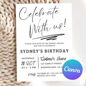 Faire-part d'anniversaire simple modifiable, invitation d'anniversaire minimaliste, noir et blanc célébrons, anniversaire de tout âge, modèle de toile imprimable