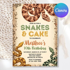 Può includere: Un invito a una festa a tema serpenti. L'invito presenta illustrazioni di serpenti nei toni del marrone, giallo e verde. Il testo include "Snakes & Cake" e i dettagli per il decimo compleanno di Matheo.