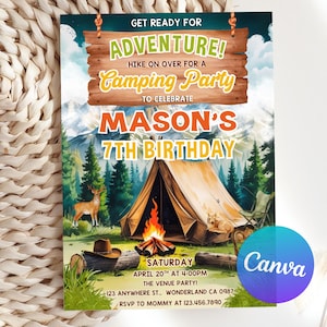 Puede incluir: Una invitación de cumpleaños con temática de camping con el texto "Get Ready For Adventure!" y "Camping Party". La invitación presenta una tienda de campaña, una fogata, un ciervo y montañas. La invitación es para el 7º cumpleaños de Mason.