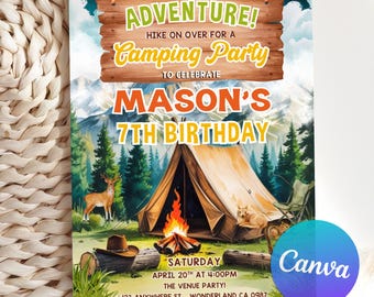 Editable Camping Birthday Invitation, Adventure Party Invitation, Adventure Forest Camp Birthday Invitation, Printable Canva Template
