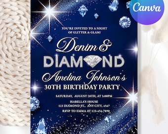May include: A navy blue invitation with the text "Denim & Diamond" and "Amelina Johnson's 30th Birthday Party." The design includes diamond illustrations and sparkling effects. The Canva logo is in the upper right corner.
