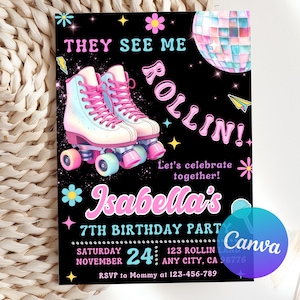 Editable Roller Skating Birthday Party Invitation, Roller Skating Invitation, Roller Skating, Skate Party, Retro Neon Lights, Canva Template