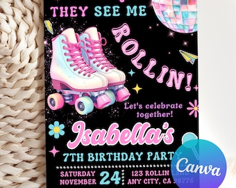 Editable Roller Skating Birthday Party Invitation, Roller Skating Invitation, Roller Skating, Skate Party, Retro Neon Lights, Canva Template