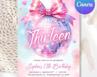 Editable Coquette Bow Disco Party Invitation, Pink Party Invite Disco Ball Invitation, Girl Discoball Invitation Coquette Bow Canva Template