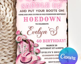Editable Western Hoedown Birthday Invitation, Pink Hoedown Birthday, Saddle Up Birthday Party, Canva Template, Country Floral Boots Invite