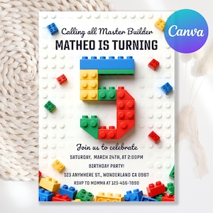 以下が含まれることがあります： 白い背景とカラフルなブロックが特徴の誕生日パーティーの招待状。「Calling all Master Builder, MATHEO IS TURNING 5」と書かれています。招待状には、日付、時間、場所、RSVP情報などのパーティーの詳細が含まれています。