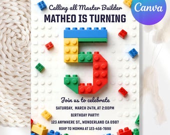 Bausteineinladung, 5. Geburtstag Bausteine Geburtstagsfeier, Bausteineinladung, Baustelle Thema Junge Einladung, bearbeitbare Canva