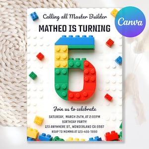 以下が含まれることがあります： 白い背景とカラフルなレゴ風ブロックを使った誕生日パーティーの招待状。「Calling all Master Builder, MATHEO IS TURNING 6」と書かれています。招待状には、日付、時間、場所、RSVP情報などのパーティーの詳細が含まれています。