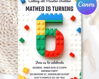 Building Blocks Invitation, 6th Birthday Invitation, Blocks Birthday Party, Construction Invitation,  Bricks Birthday Invite, Editable Canva