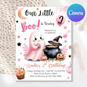 May include: A Halloween-themed birthday invitation with a cute ghost holding a pumpkin. The invitation features a witch's cauldron, jack-o'-lanterns, and the text "Our Little Boo! is turning 2". The design includes stars, a moon, and a pink balloon.