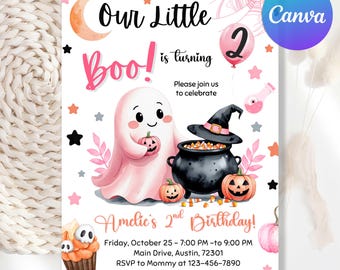May include: A Halloween birthday invitation featuring a cartoon ghost and pumpkins. The design includes a witch's cauldron, a pink balloon with the number 2, and the text "Our Little Boo! is turning 2". The invitation is decorated with stars and a crescent moon.
