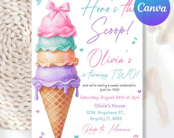 May include: A whimsical invitation featuring a watercolor ice cream cone with scoops in pink, teal, orange, and purple. The text reads "Here's the Scoop! Olivia's is turning TWO!" with event details. Musical notes and hearts decorate the design.