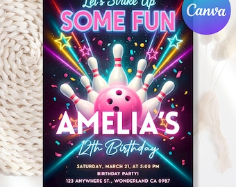 May include: A vibrant bowling-themed birthday invitation with a black background. The design features a pink bowling ball and pins, with the text "Let's Strike Up SOME FUN" and "AMELIA'S 12th Birthday". The invitation includes the date, time, and location details.