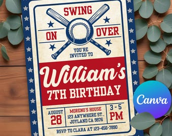 Bearbeitbare Baseball-Geburtstagseinladung, Baseball-Geburtstagsfeier, Sport-Geburtstagseinladung, Baseball-Einladung Canva-Vorlage, Swing on Over