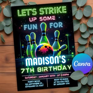 Editable Bowling Birthday Invitation, Glow Bowling Invitation, Girl Bowling Invite, Strike Up Some Fun, Neon Bowling Party, Canva Template