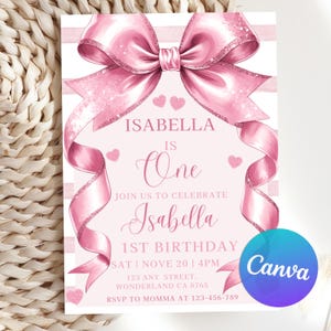 May include: Pink and white striped invitation with a large pink bow with glitter accents. The text reads "Isabella is One" and includes details for a first birthday party.
