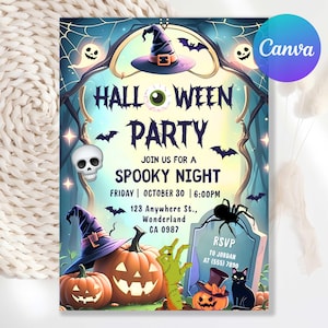 May include: Halloween party invitation with a spooky theme. The design features a witch's hat, pumpkins, bats, and a skull. The text reads "Halloween Party" and "Spooky Night". Includes RSVP information.