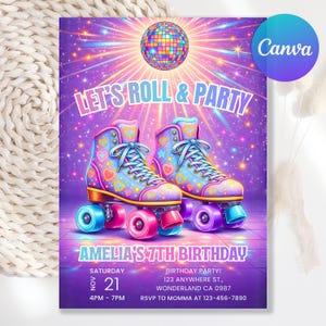 Op de afbeelding: Een levendige uitnodiging met een paarse achtergrond toont rolschaatsen, een discobal en de tekst "LET'S ROLL & PARTY". De uitnodiging is voor Amelia's 7e verjaardag, met evenementdetails en een Canva-logo.