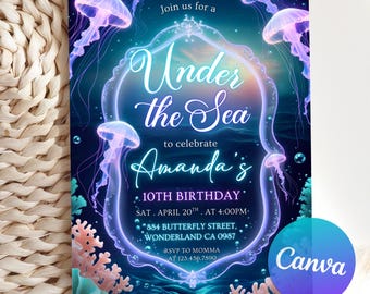 Editable Under the Sea Neon Birthday Invitation, Octopus Birthday Party, Fantasy Birthday Calling All Sea Animals, Canva Invitation Template