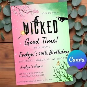Bearbeitbare Wicked Geburtstagsfeier-Einladung, Wicked Einladung Pink und Grün Party, druckbare Wicked Geburtstagsfeier-Einladung Canva Vorlage